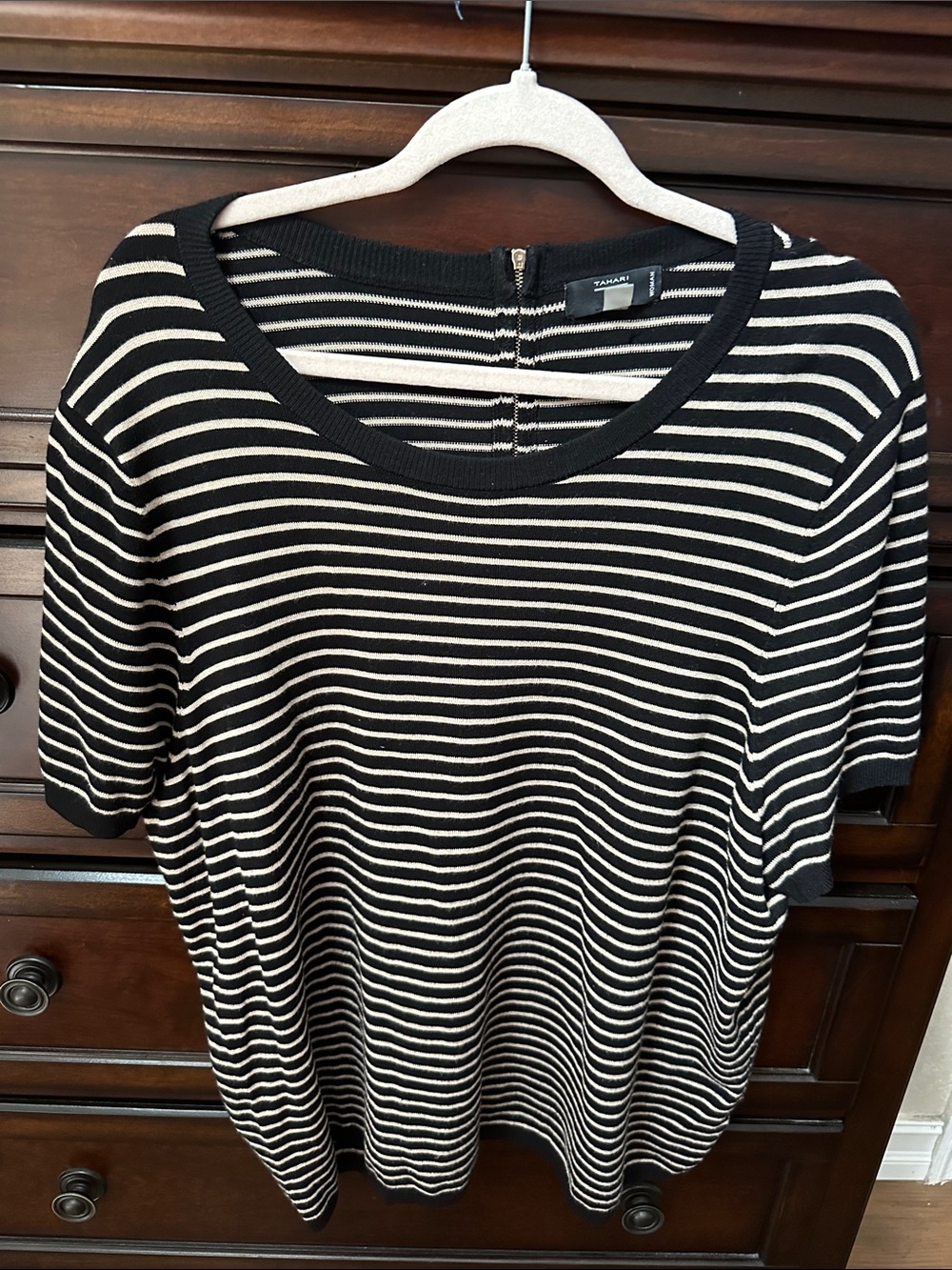 Tahari Black & Cream Striped Short-Sleeve Crew Sweater